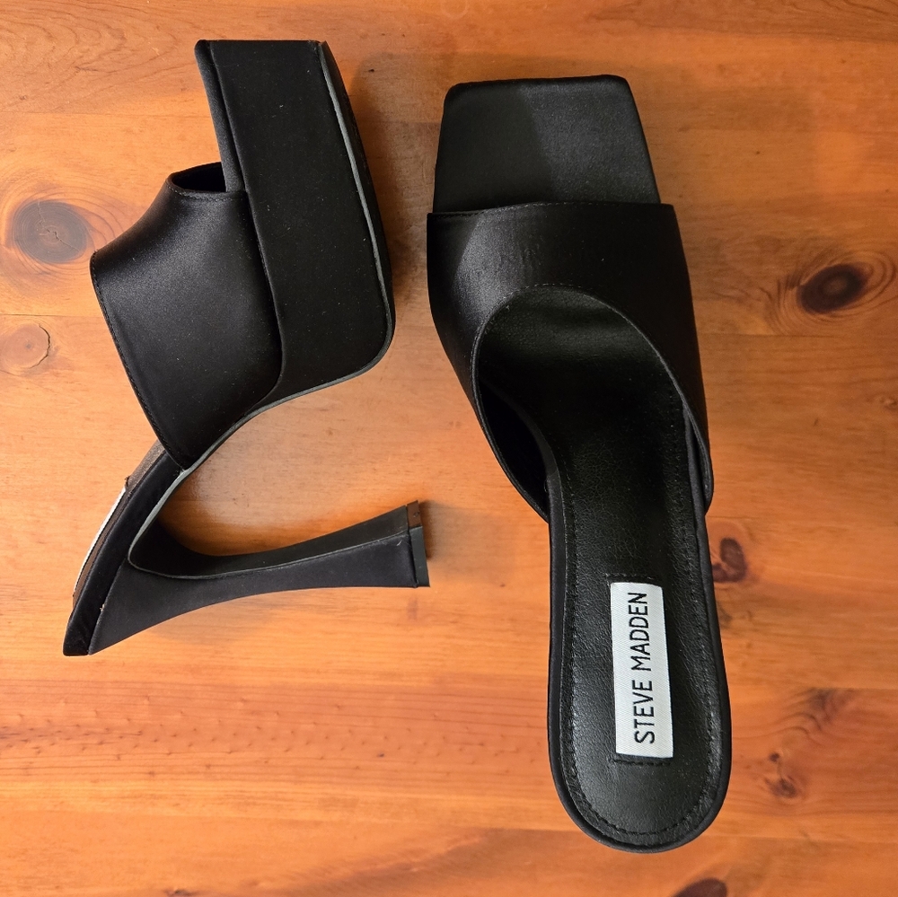 Steve Madden Black Satin Platform Vineyard Kacie Mules High Heel Sandals